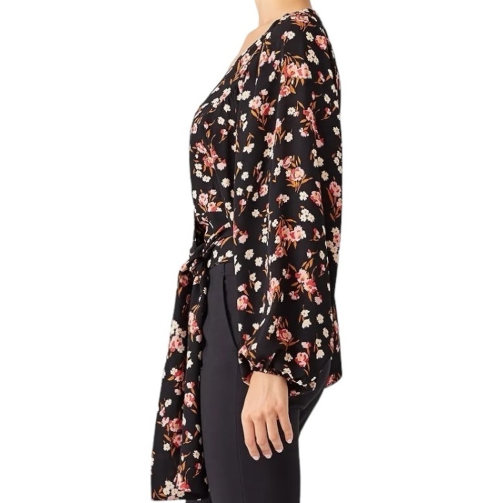 A.L.C. Carla Floral 100% Silk Wrap Crop Top Blouse Balloon Sleeves Black Small 6 - Picture 12 of 14